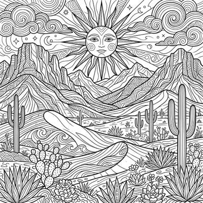 Immerse yourself in the captivating beauty of this desert mountains coloring page, featuring majestic peaks, detailed cacti, and a radiant sun. Perfect for all ages, this intricate design offers a rewarding and relaxing artistic experience.