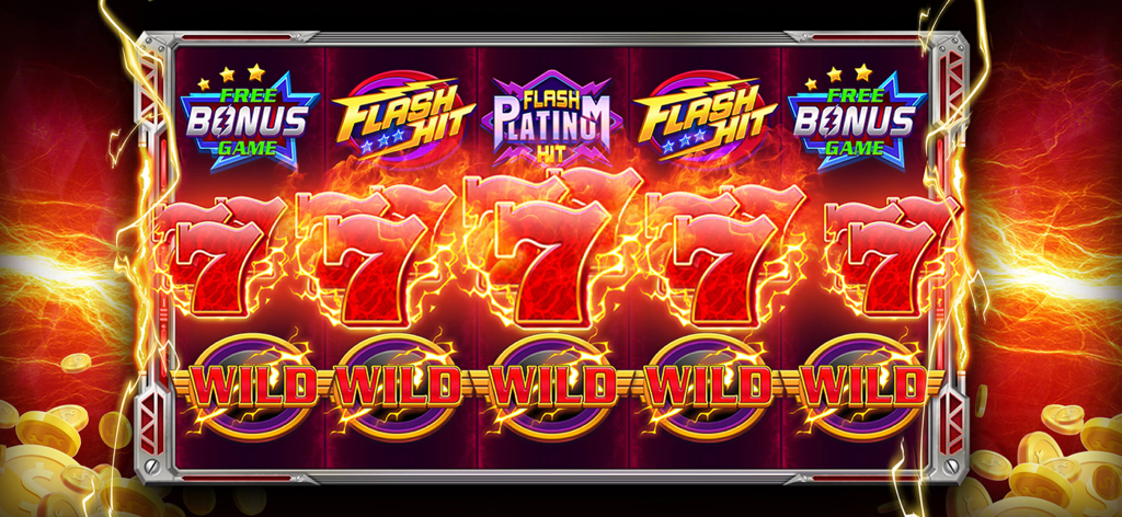 A high-energy slot machine game interface from Royal Club featuring five reels of flaming seven symbols and electric lightning effects.