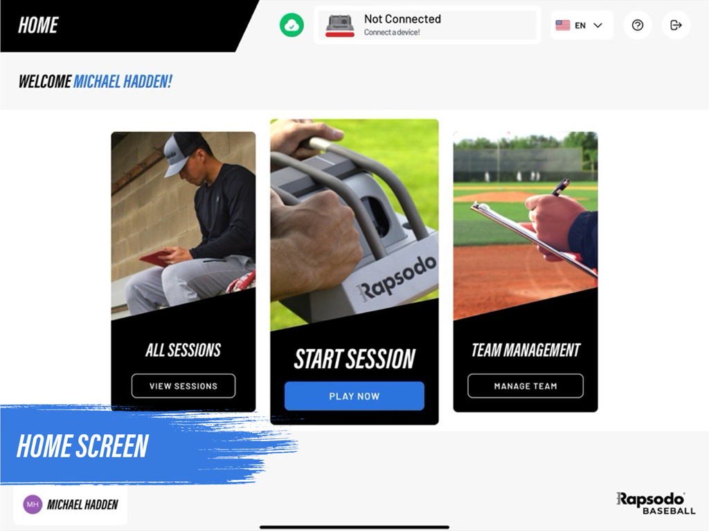 Rapsodo Baseball app home screen showing session and team management options