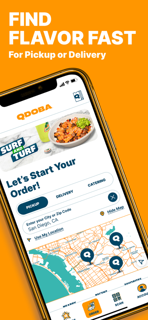 QDOBA Mexican Eats - QDOBA mobile app interface showing a map of restaurant locations for pickup and delivery orders