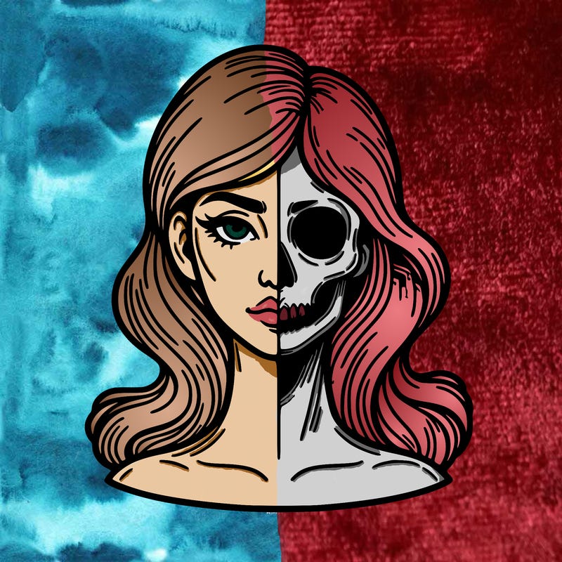 bust of a woman, half face and hair, half skull