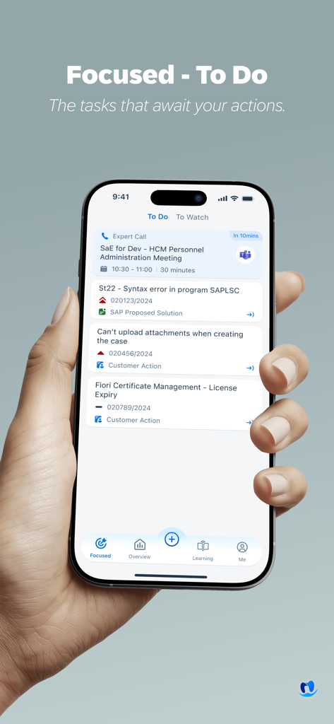 iPhone screen displaying the SAP for Me app Focused To Do list with support cases and maintenance tasks