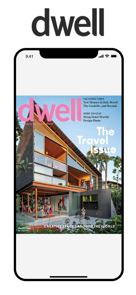 Dwell Magazine - Dwell Magazine app on a smartphone screen showing The Travel Issue cover featuring a modern house design