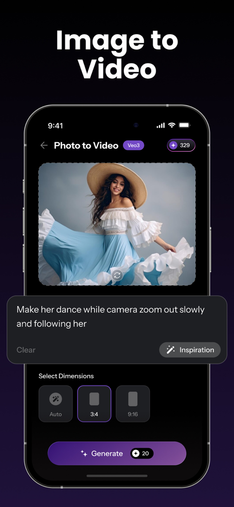 Interface of the Zix app showing a photo of a woman being animated using a text prompt in the Image to Video feature.