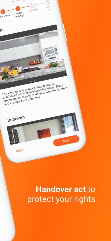 Rendin - Safe Rental Agreement - Mobile app screen for a rental handover act documenting property condition with photos and text.