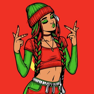 realistic teenage girl with braids and a beanie and crop top doing 🫶🏼