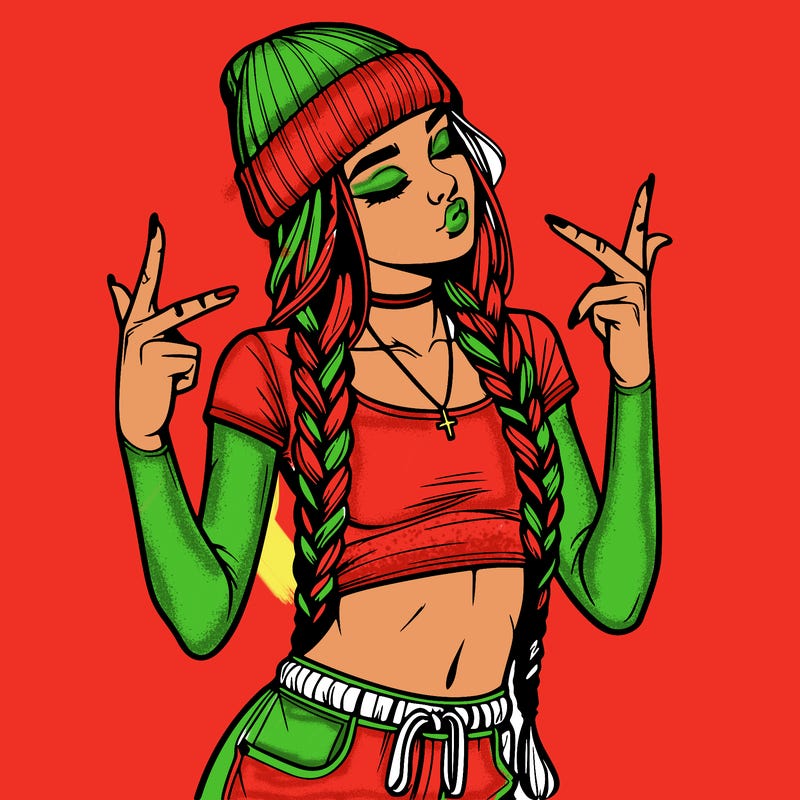 realistic teenage girl with braids and a beanie and crop top doing 🫶🏼