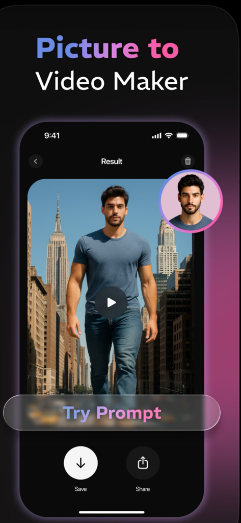 Vivideo.ai: AI Video Generator - Vivideo.ai app interface showing the Picture to Video Maker feature with a cinematic AI video result of a man walking in a city.