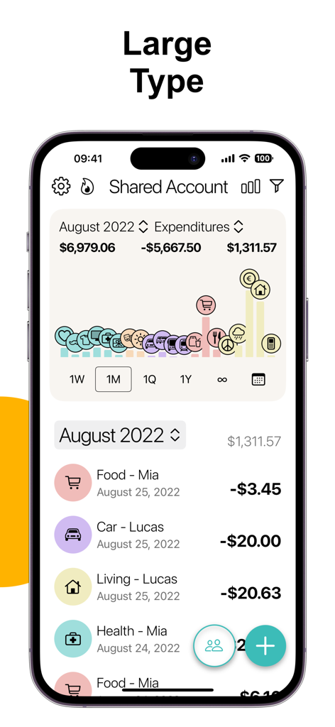 Budget & Expense Tracker Monee - Shared account dashboard in the Monee budget and expense tracker app showing monthly spending