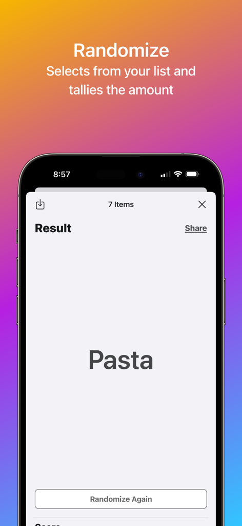 Randomizer - Écran de l'application Randomizer affichant un résultat aléatoire à partir d'une liste d'éléments