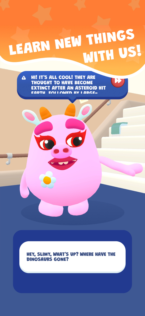 Talk to me Slimy: Brain Quiz - El personaje rosa Bicho explicando la extinción de los dinosaurios en una interfaz de chat educativo interactivo.