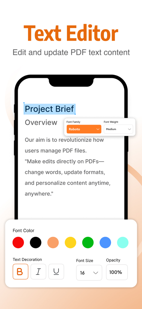 PDF Editor - Edit PDF & Sign - フォントスタイルやカラーオプションを含むPDFテキスト編集ツールを表示するスマートフォンの画面