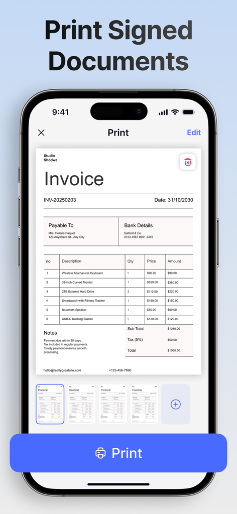 Interface of e Sign app showing an invoice ready to be printed from an iPhone