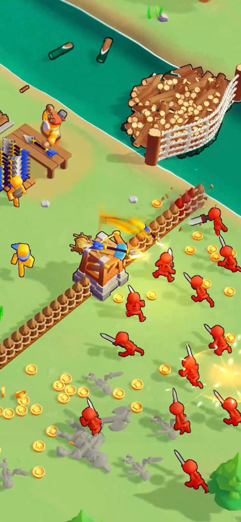 XP Hero - Gameplay de XP Hero montrant un héros bonhomme bâton défendant une base contre une invasion ennemie rouge