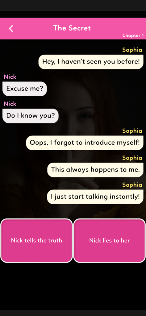 A gameplay screen from the Love Chat app showing a chat conversation between Sophia and Nick with two choices for the player to decide the story outcome.