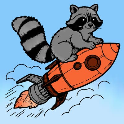 realistic raccoon flying on top rocket ship