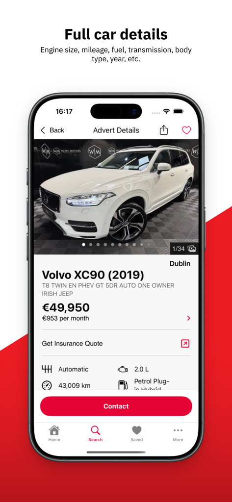 A screenshot of the CarsIreland app showing detailed information for a 2019 Volvo XC90 including price and mileage