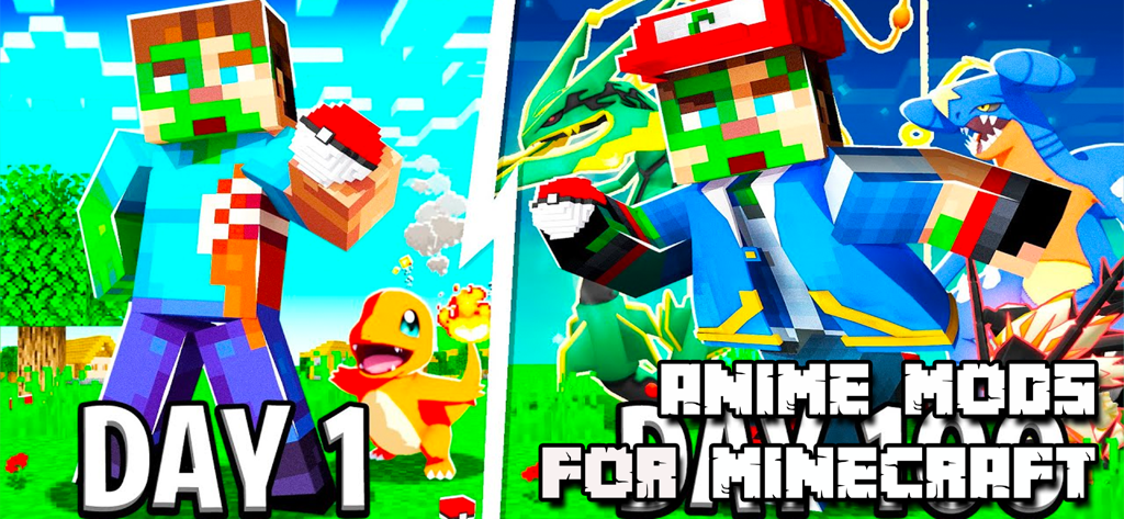 Addons for Minecraft ! - Personajes de Minecraft que muestran mods de anime de Pokémon y progresión del Día 1 vs Día 100