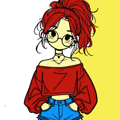 girl with a messy ponytail glasses a baggy crop top and jean shorts