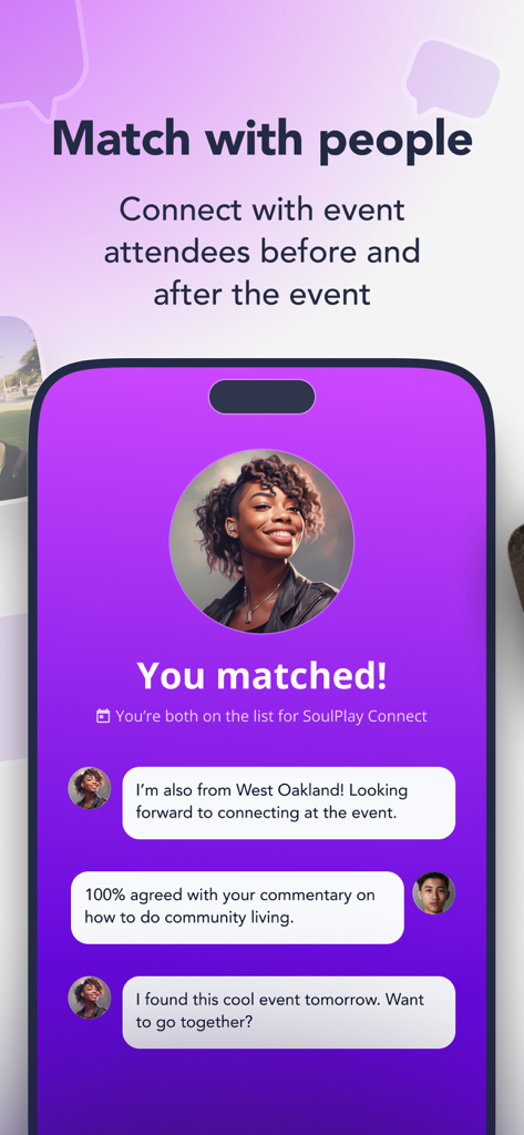 Plura-App-Oberfläche, die zeigt, wie Benutzer vor einem Community-Event matchen und chatten.