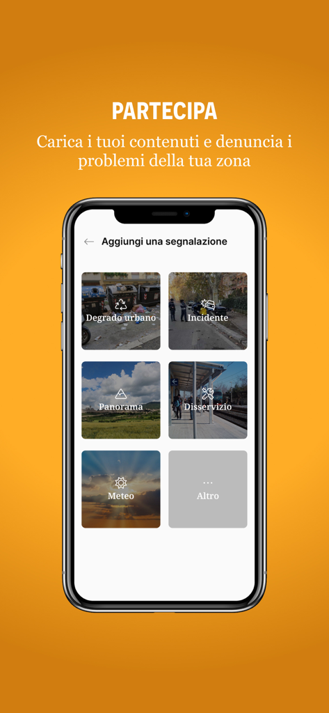 Smartphone screen from the RavennaToday app showing a menu for citizens to report local community issues like accidents or urban decay