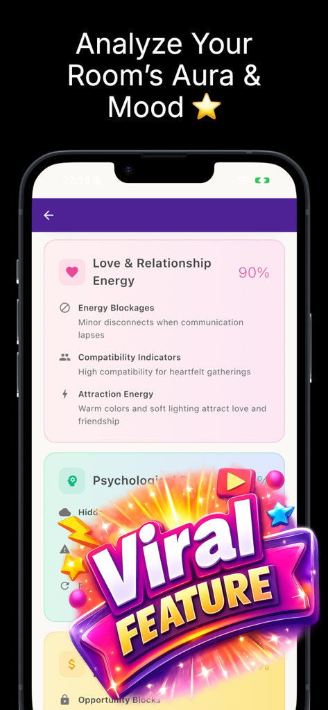rerender : AI Interior Design - Interfaz de la aplicación de diseño de interiores con IA que muestra el análisis del aura y la energía del estado de ánimo de la habitación
