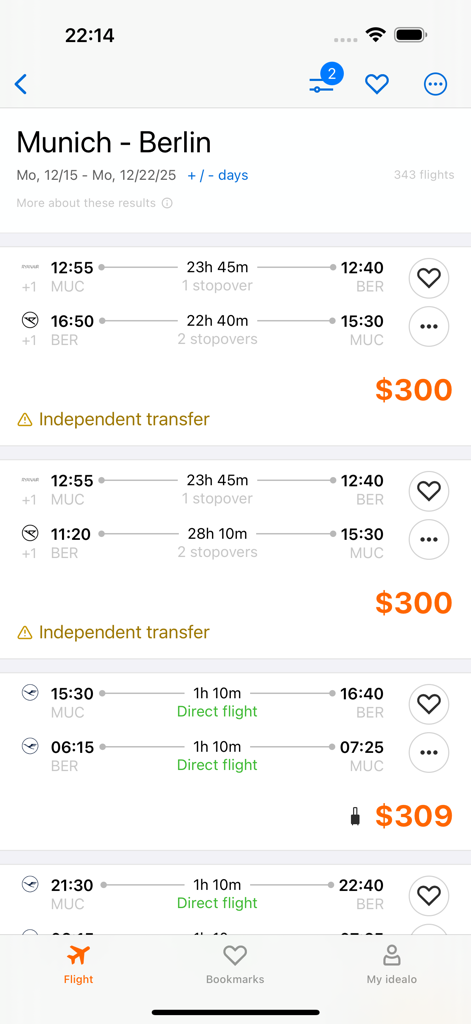 idealo flights: cheap tickets - idealo flights app interface showing flight comparison results for a route from Munich to Berlin with prices and durations