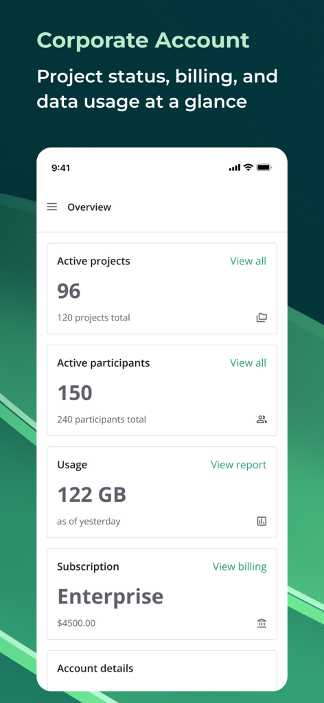 iDeals 가상 데이터 룸 대시보드에 활성 프로젝트 및 데이터 사용량을 포함한 기업 계정 지표가 표시됩니다.