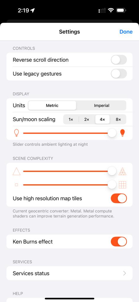 Photographer's Ephemeris 3D - Settings screen for Photographers Ephemeris 3D showing display and scene complexity options