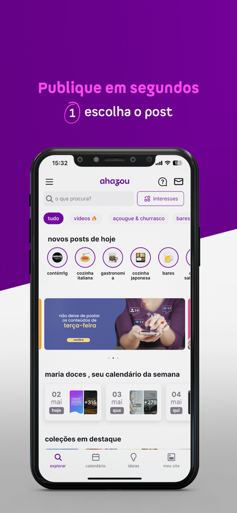 Ahazou: seus posts prontos - Tela de smartphone mostrando o app Ahazou com opções para escolher posts prontos para redes sociais de várias categorias de negócios