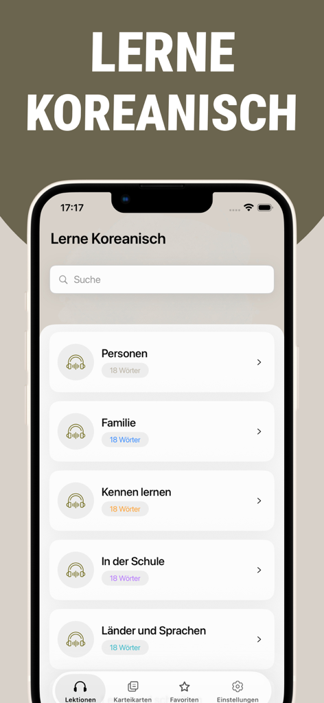 Smartphone screen showing Korean language learning lesson categories such as family and school