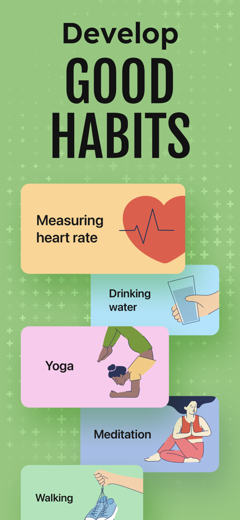 InPulse app screen showing wellness habit tracking for heart rate, yoga, and meditation.