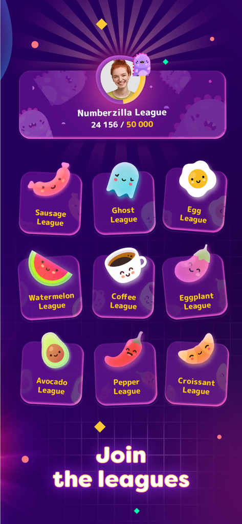 Numberzilla: Number Match Game - Numberzillaリーグ画面。アボカドやクロワッサンのようなかわいい食べ物のマスコットがいる、さまざまなテーマのレベルが表示されています。