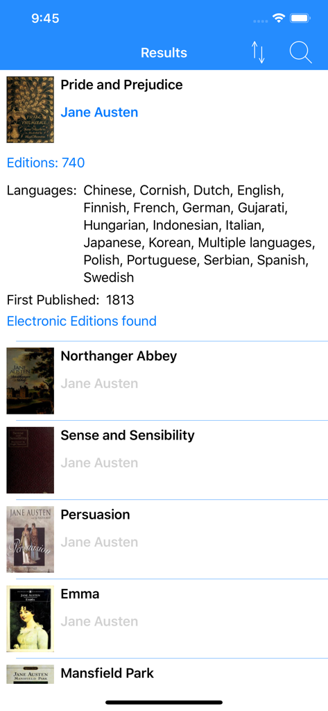 OpenLibrary Browser - Elenco dei risultati di ricerca per i romanzi di Jane Austen nell'app Browser OpenLibrary.