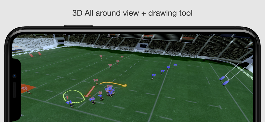 Vista de tácticas de rugby en 3D con posiciones de jugadores y herramientas de dibujo