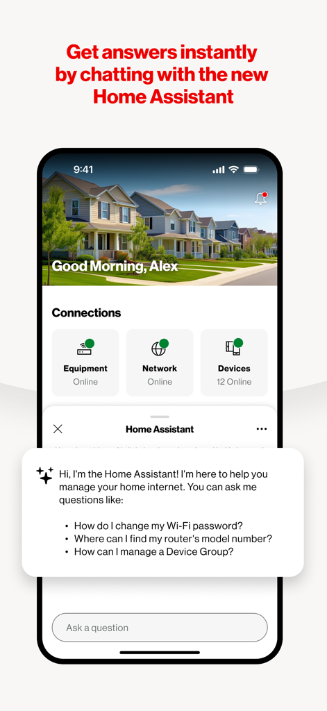 Interface do chatbot Home Assistant do aplicativo Verizon Home para gerenciar configurações de rede doméstica