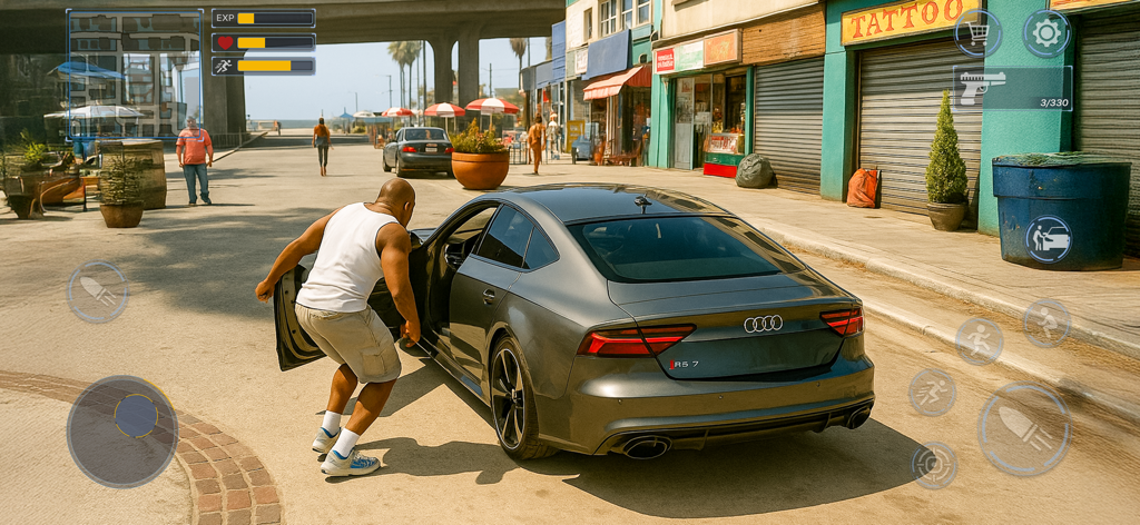 Um personagem entrando em um carro de luxo em uma rua da cidade dentro do jogo Gangster Crime Wars Simulator.