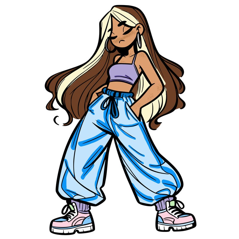 girl in baggy pants crop top and long hair