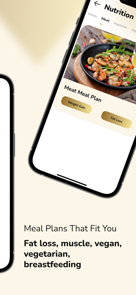 Interface of the Good Fitness app showing personalized meal plans for fat loss and muscle gain