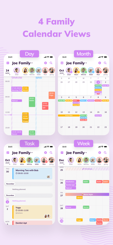 Cubbily: Family Calendar - Une comparaison de quatre vues différentes du calendrier familial dans l'application Cubbily, incluant les modes Jour, Mois, Tâche et Semaine avec des agendas codés par couleur pour chaque membre de la famille