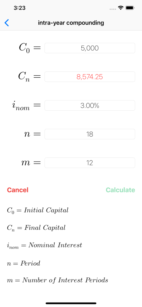 FinCalcPro Financial Solver - FinCalcPro financial solver app interface for intra-year compounding calculations with calculated results highlighted in red.