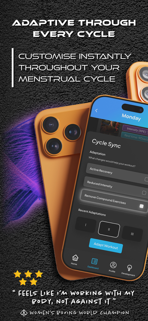Spade.Fit - Adaptive Workouts - Spade.Fit app showing Cycle Sync settings to adapt workouts to the menstrual cycle
