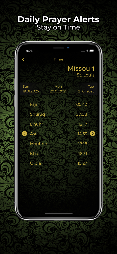 Daily prayer schedule for St Louis Missouri on the Muslim Athan Pro app screen