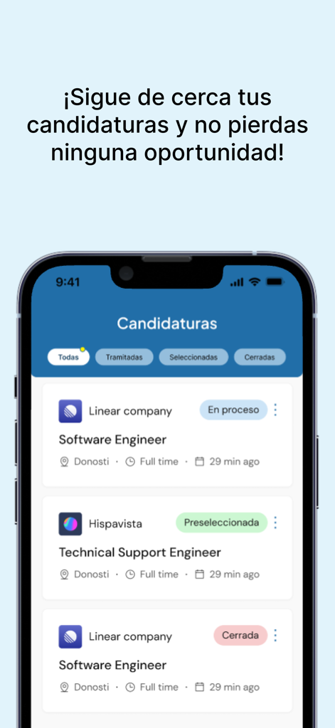Trabajos.com - Interfaz de la aplicación móvil que muestra el seguimiento de solicitudes de empleo con etiquetas de estado como en proceso y preseleccionado.