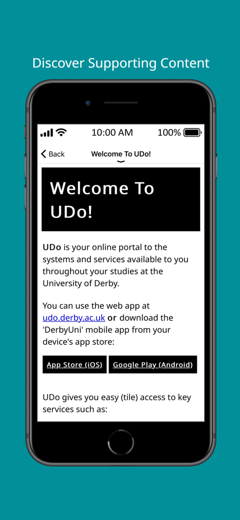 Welcome screen of the DerbyUni UDo student portal app displaying information for University of Derby students