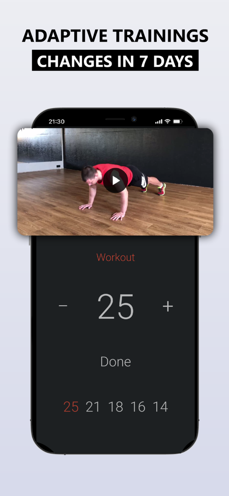 Titan - Home Workout & Fitness - Interfaz de la aplicación móvil para entrenamientos adaptativos que muestra un video de flexiones y un contador de repeticiones.