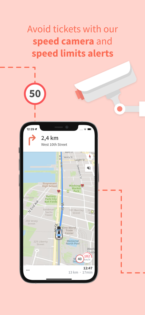 Karta GPS app interface displaying speed camera and speed limit alerts