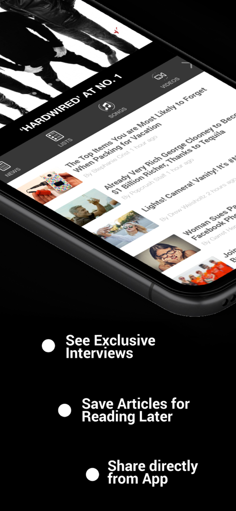 Loudwire app interface showing a news feed with rock music articles and highlighted features like exclusive interviews and offline reading.