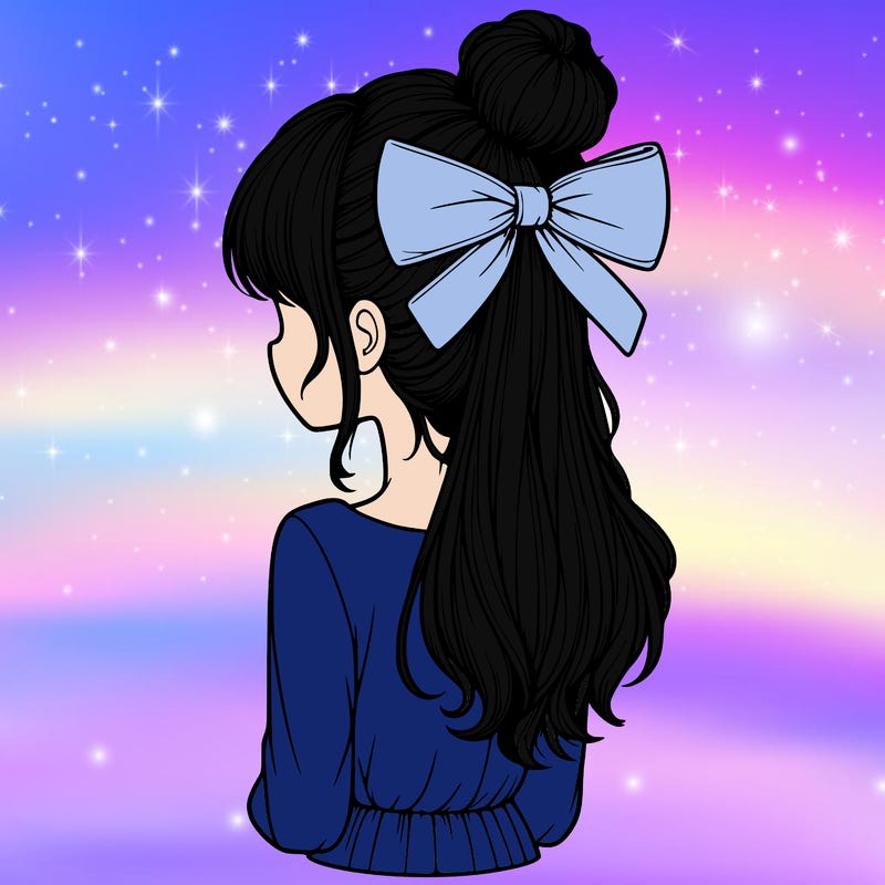 realistic girl  with hip length hair a bun and a big bow on the back of head