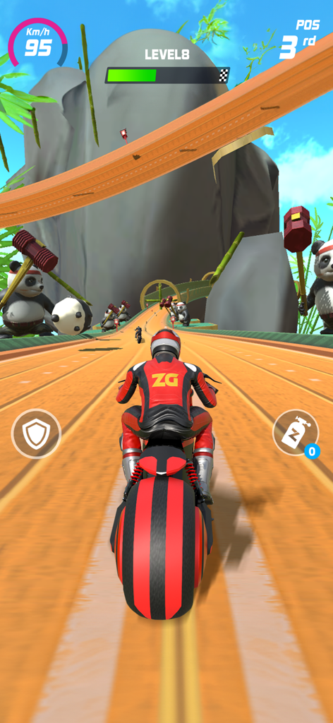 Moto Race: Racing Game - Vue à la troisième personne d'une moto rouge courant sur une piste stylisée avec des obstacles de panda géants et une toile de fond montagneuse.